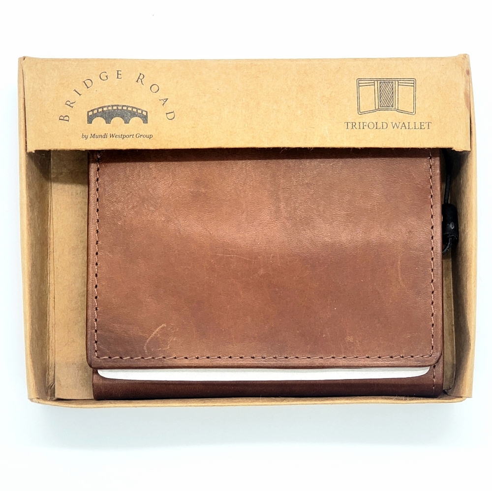 NWT Bridge Road Genuine Leather Brown Tri Fold Men's Wallet